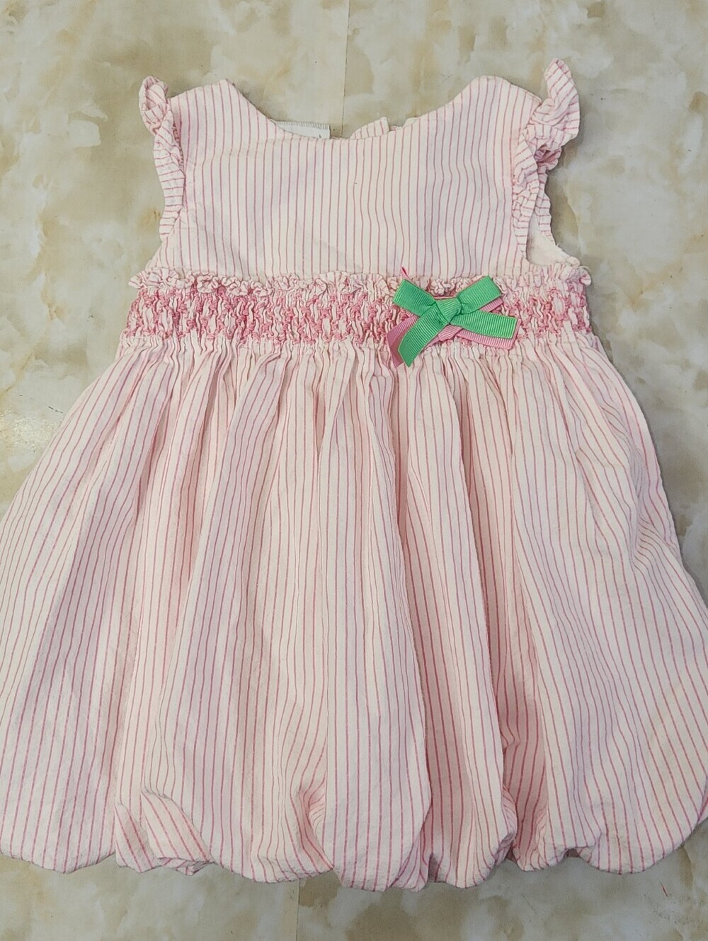 Vintage First Impressions Pink Striped Bubble Dress with Green Bow
